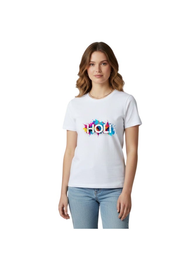 BrainGiggles Happy Holi T Shirt for Men & Women | White Round Neck Unisex Holi T-shirt for Adults | Festival of Colors Graphic Tee, Unisex Crew Neck Short Sleeve Holi Party Outfit - Image 2